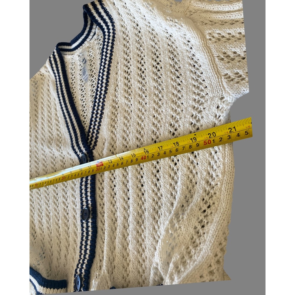 Lou & Grey Womens M White Pointelle Knit Varsity Cardigan Navy Striped V-Neck - Picture 7 of 8